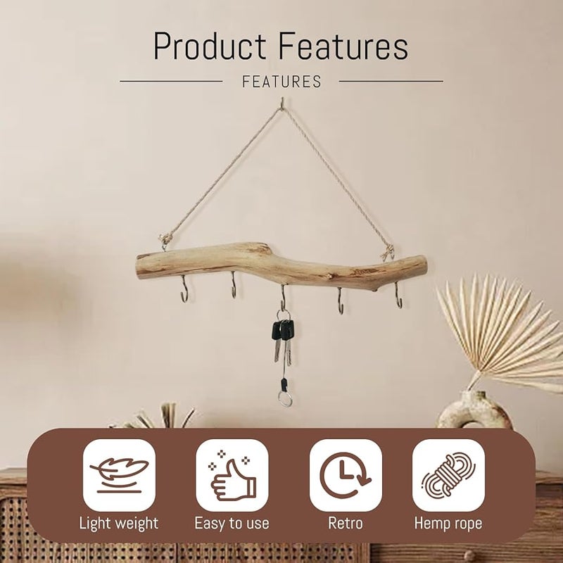 Natural Driftwood Wall Hooks 16 Inch 5 Prongs Rustic Entryway Bedroom Organizer - Image 3