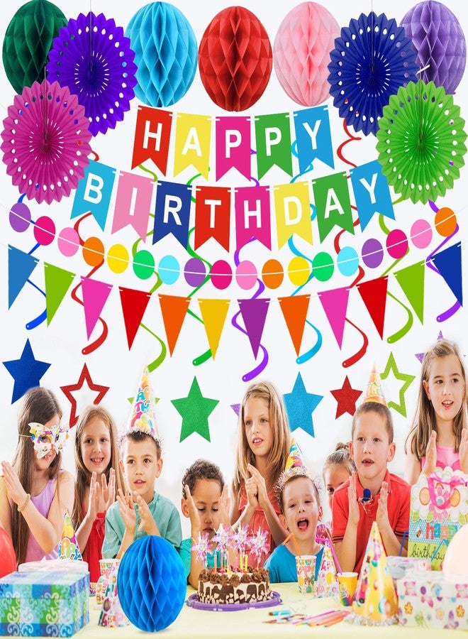Yunfan Birthday Decorations Colorful Happy Birthday Banner Paper Fans Honeycomb Balls Hanging Swirl Stars Triangles Dots Garland Cupcake Toppers Party Decorations for Women Men - Image 5