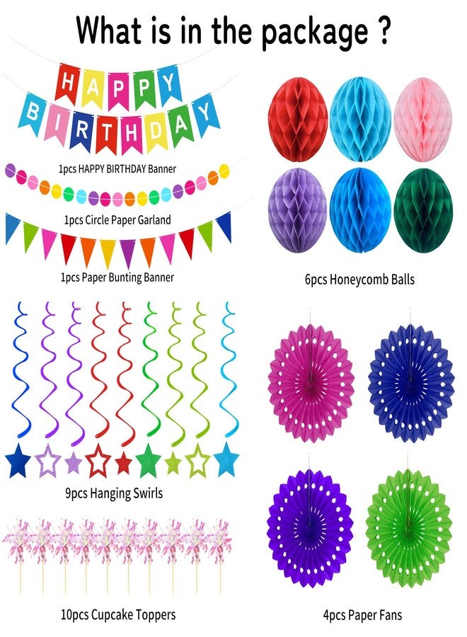 Yunfan Birthday Decorations Colorful Happy Birthday Banner Paper Fans Honeycomb Balls Hanging Swirl Stars Triangles Dots Garland Cupcake Toppers Party Decorations for Women Men - Image 3