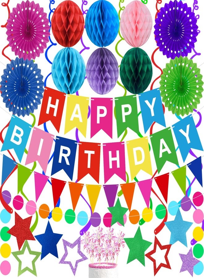 Yunfan Birthday Decorations Colorful Happy Birthday Banner Paper Fans Honeycomb Balls Hanging Swirl Stars Triangles Dots Garland Cupcake Toppers Party Decorations for Women Men - Image 1