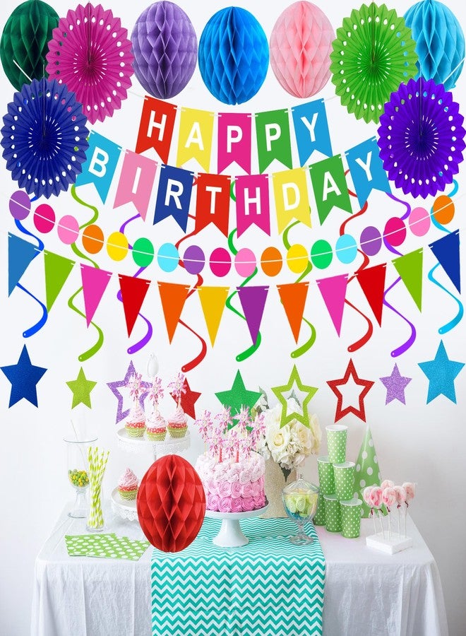 Yunfan Birthday Decorations Colorful Happy Birthday Banner Paper Fans Honeycomb Balls Hanging Swirl Stars Triangles Dots Garland Cupcake Toppers Party Decorations for Women Men - Image 2