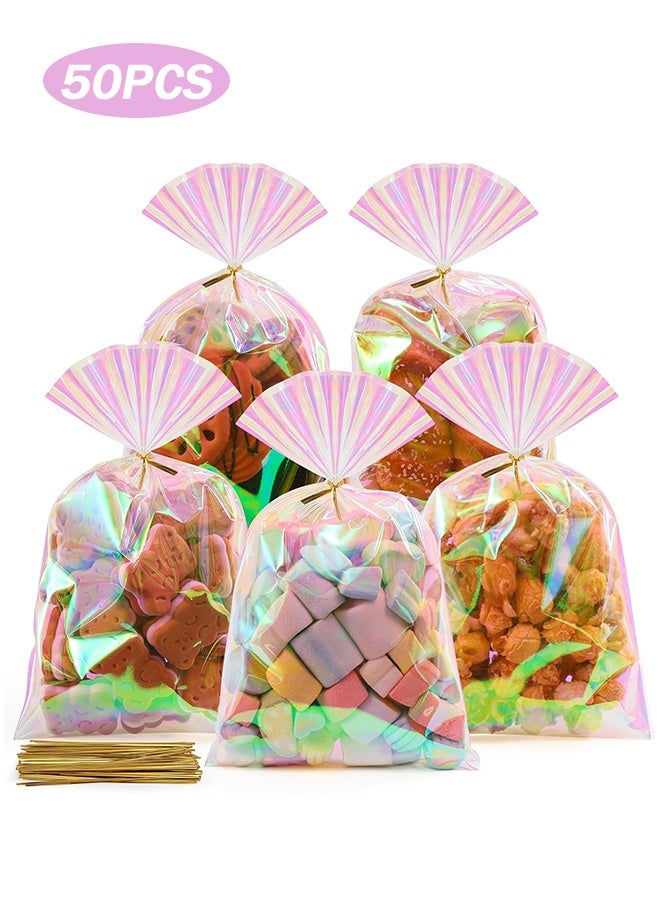 سويت لايف أكياس السيلوفان، 50 قطعة 6 × 10 بوصة أكياس الحلوى الشفافة مع أربطة حقيبة هدايا بلاستيكية ثلاثية الأبعاد وردية قزحية اللون حقيبة هدايا للحفلات والحلوى والوجبات الخفيفة والفشار والبسكويت والتعبئة - Image 1