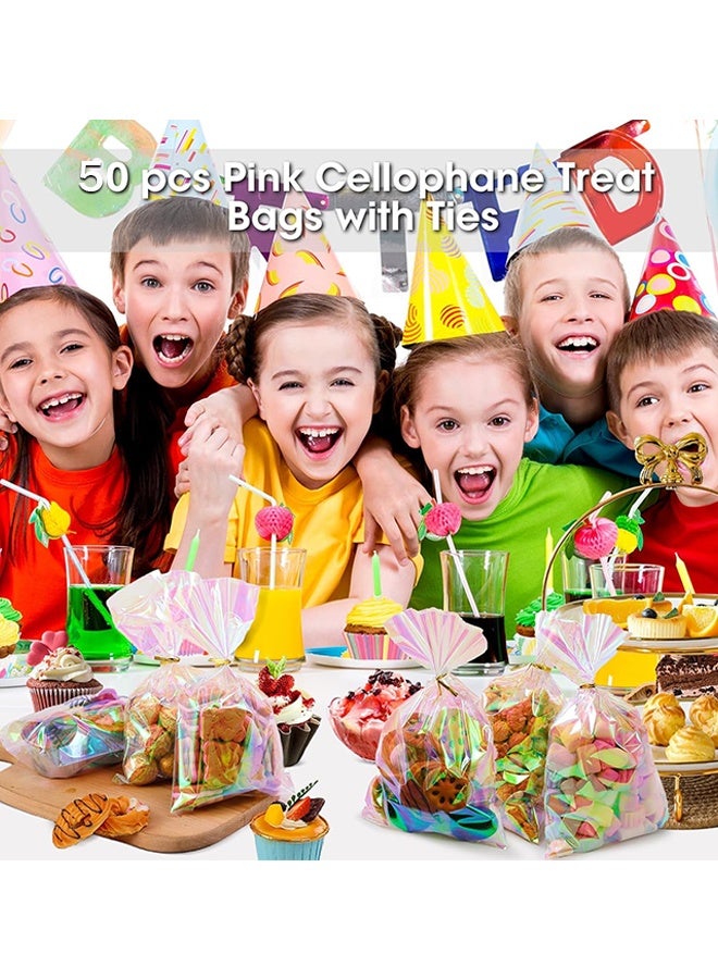 سويت لايف أكياس السيلوفان، 50 قطعة 6 × 10 بوصة أكياس الحلوى الشفافة مع أربطة حقيبة هدايا بلاستيكية ثلاثية الأبعاد وردية قزحية اللون حقيبة هدايا للحفلات والحلوى والوجبات الخفيفة والفشار والبسكويت والتعبئة - Image 4