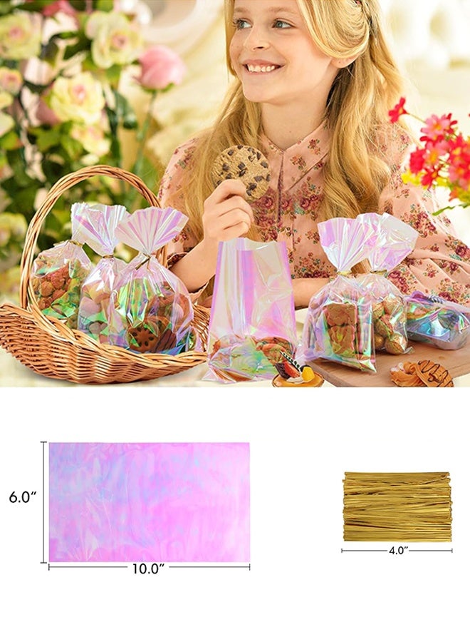 سويت لايف أكياس السيلوفان، 50 قطعة 6 × 10 بوصة أكياس الحلوى الشفافة مع أربطة حقيبة هدايا بلاستيكية ثلاثية الأبعاد وردية قزحية اللون حقيبة هدايا للحفلات والحلوى والوجبات الخفيفة والفشار والبسكويت والتعبئة - Image 5