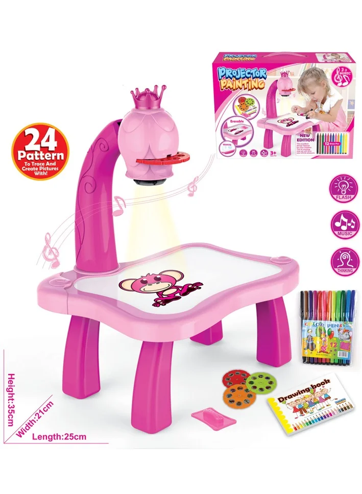 Kikibebe Kikibebe Projection Painting Machine With Music & Light, Educational Doodling Toy For Kids With Lantern Slides - Pink
