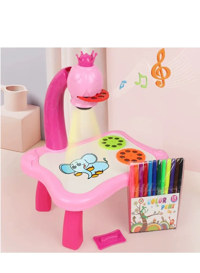 Kikibebe Kikibebe Projection Painting Machine With Music & Light, Educational Doodling Toy For Kids With Lantern Slides - Pink
