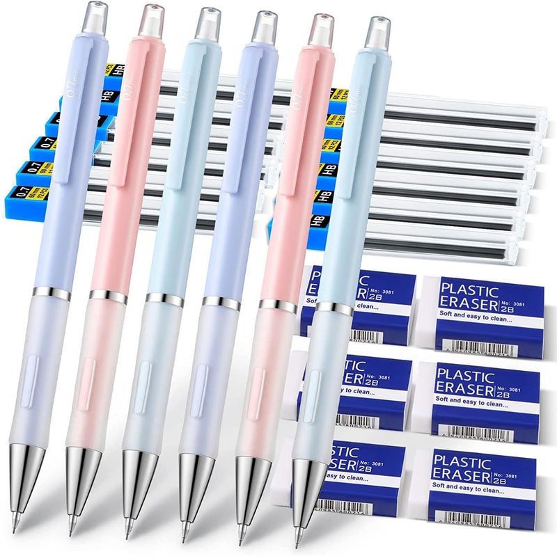 إكسفور مجموعة أقلام رصاص ميكانيكية، 6 أقلام رصاص ميكانيكية باستيل 0.7 مم مع 6 ممحاة و12 أنبوبًا من الرصاص HB، مجموعة أقلام رصاص ميكانيكية للأطفال، أدوات مدرسية، كتابة، رسم تخطيطي، هدية جائزة للطلاب - Image 1