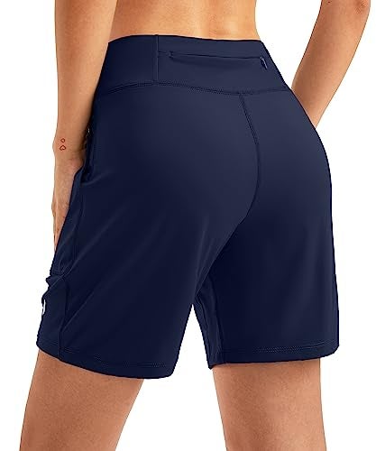 SANTINY Women's 6'' Athletic Long Shorts with 4 Pockets High Waisted Bermuda Shorts for Women Walking Running Casual (Navy_XL) - Image 2