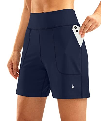 SANTINY Women's 6'' Athletic Long Shorts with 4 Pockets High Waisted Bermuda Shorts for Women Walking Running Casual (Navy_XL) - Image 1