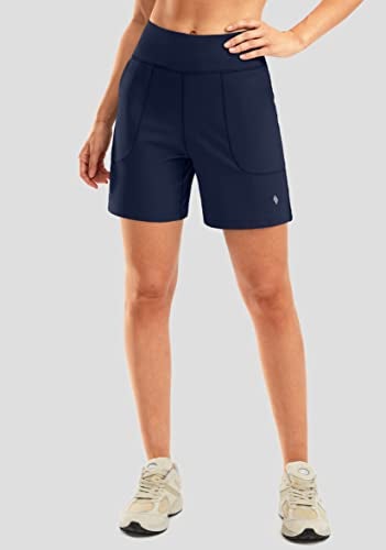 SANTINY Women's 6'' Athletic Long Shorts with 4 Pockets High Waisted Bermuda Shorts for Women Walking Running Casual (Navy_XL) - Image 3