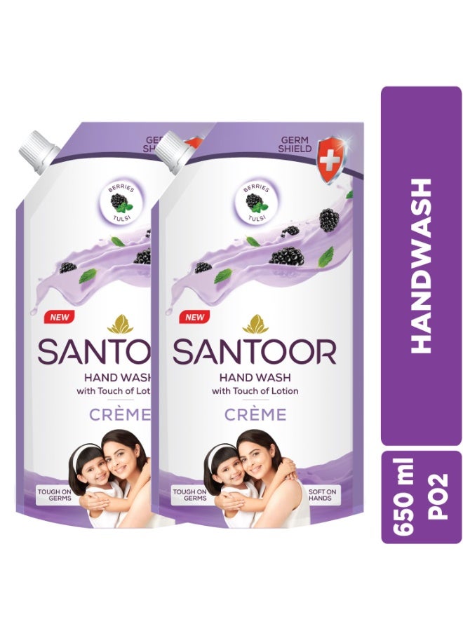 Santoor Crème Handwash 650ml, Pack of 2 with Touch of Lotion| Made with Berries & Tulsi| Rich Lathering Formula with Anti-Bacterial Properties| Soft on Hands| Soothes & Hydrates Skin - Image 4