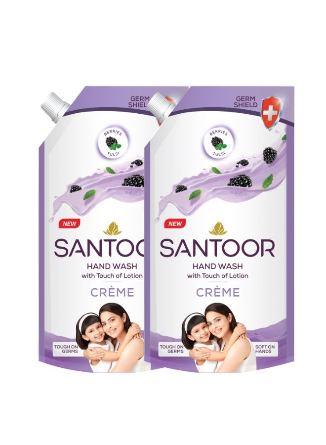 Santoor Crème Handwash 650ml, Pack of 2 with Touch of Lotion| Made with Berries & Tulsi| Rich Lathering Formula with Anti-Bacterial Properties| Soft on Hands| Soothes & Hydrates Skin - Image 1