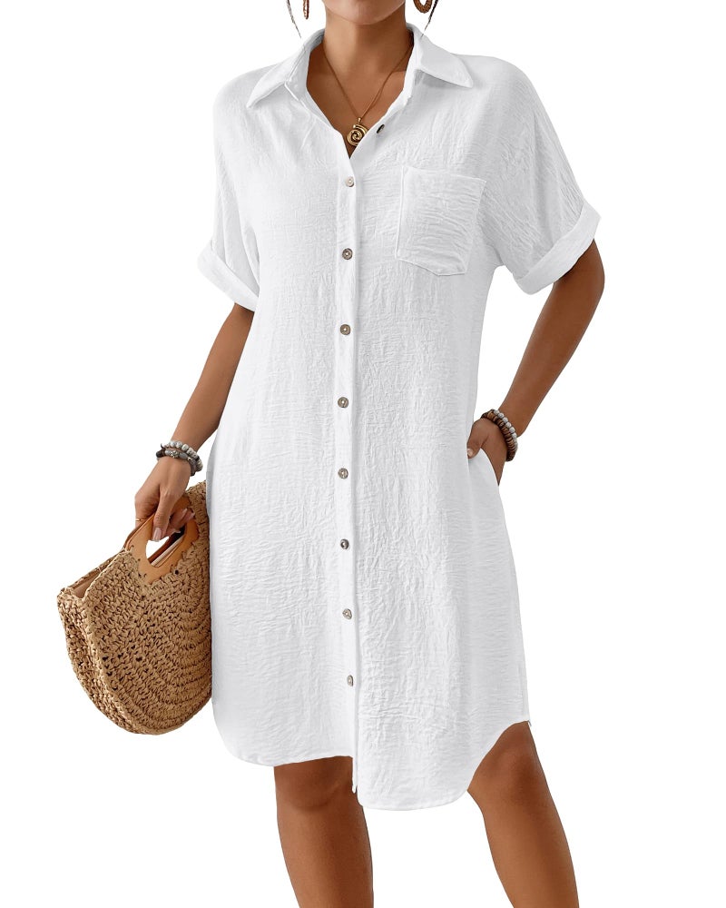 Bsubseach Womens Swimsuit Coverup Long Button Down Bathing Suit Cover Ups Short Sleeve Summer Beach Shirt Dress with Pockets White M - Image 1