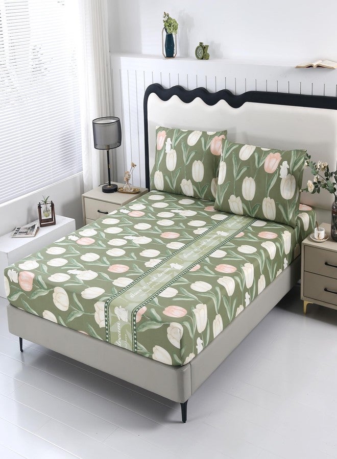 SDIII Green Floral Twin Bed Fitted Sheet with 2 Pillowcases, Not Including Flat Sheet, Soft Microfiber Rabbit and Floral Bed Fitted Sheets Twin Size - Image 1