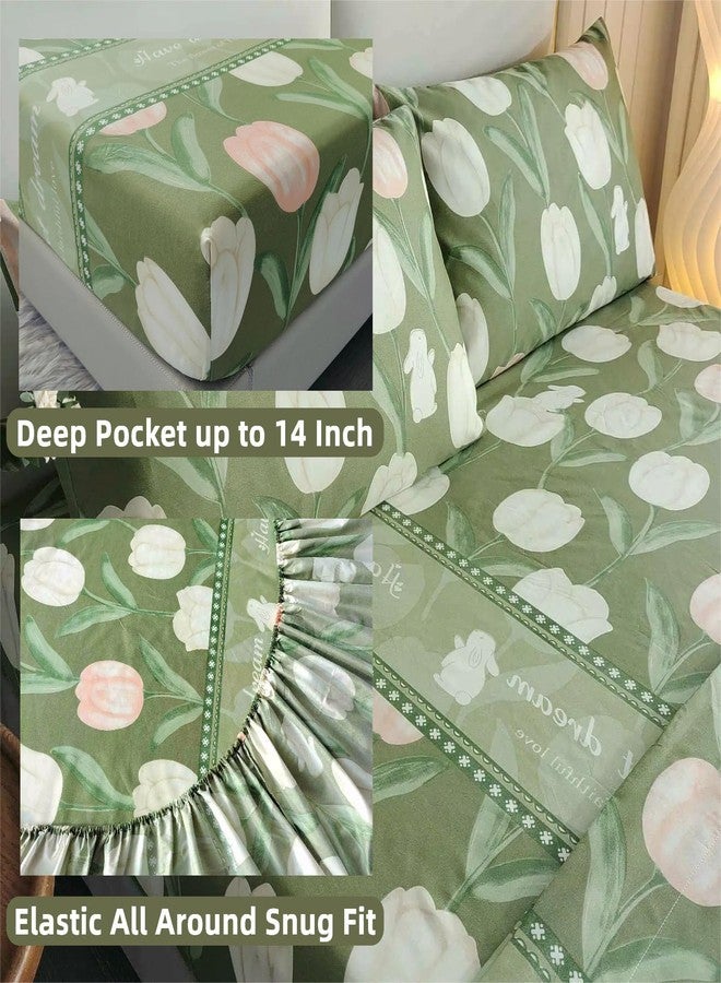 SDIII Green Floral Twin Bed Fitted Sheet with 2 Pillowcases, Not Including Flat Sheet, Soft Microfiber Rabbit and Floral Bed Fitted Sheets Twin Size - Image 4