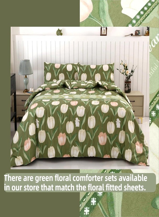 SDIII Green Floral Twin Bed Fitted Sheet with 2 Pillowcases, Not Including Flat Sheet, Soft Microfiber Rabbit and Floral Bed Fitted Sheets Twin Size - Image 5