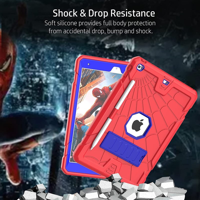 Sibeitu iPad 9th Generation Case with Stand & Pencil Holder, Kids Protective iPad 10.2 Inch Cover 7th 8th 9th Gen 2019 2020 2021, Blue & Red Spider Web Cool Design for Boys Girls Anime Lovers. - Image 4