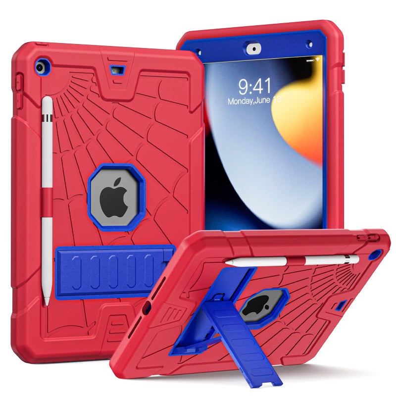 Sibeitu iPad 9th Generation Case with Stand & Pencil Holder, Kids Protective iPad 10.2 Inch Cover 7th 8th 9th Gen 2019 2020 2021, Blue & Red Spider Web Cool Design for Boys Girls Anime Lovers. - Image 1