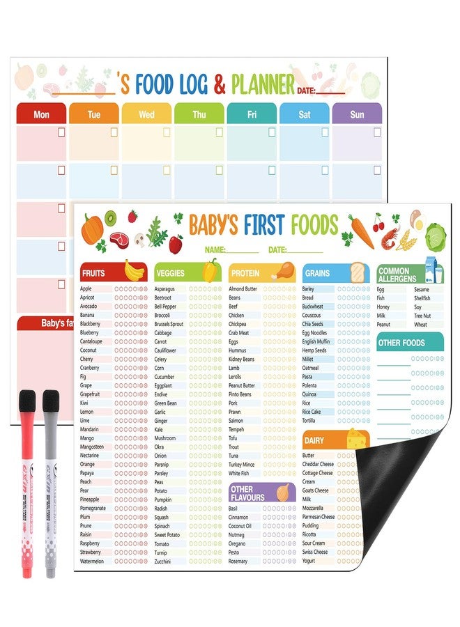 Thboxes 2 Pack Baby First Foods Checklist, 14x10"Baby Food Chart with 2 Dry Erase Markers, Magnetic Baby's Food Checklist & Daily Food Log Meal Planner, Baby’s First 100 Foods Tracker Magnet for Fridge - Image 1