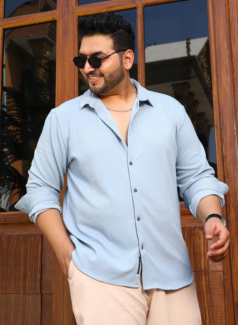 Instafab Plus Men's Baby Blue Rope-Striped Tactile Shirt For Casual Wear | Spread Collar | Long Cuffed Sleeves | Button Closure | Plus Size Shirt Crafted With Comfort Fit For Everyday Wear - Image 1