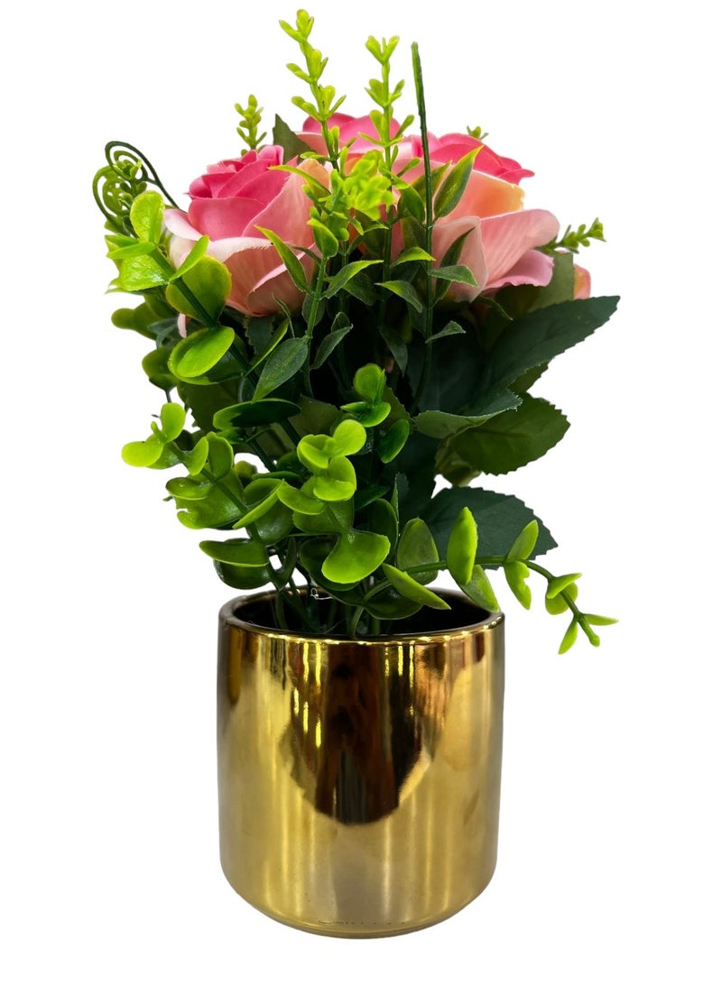 Decorative Artificial Flowers Potted in Metal Pot Lifelike Blooms for Home Office Living Room Décor and Gifting Pink (22x15x9cm)
