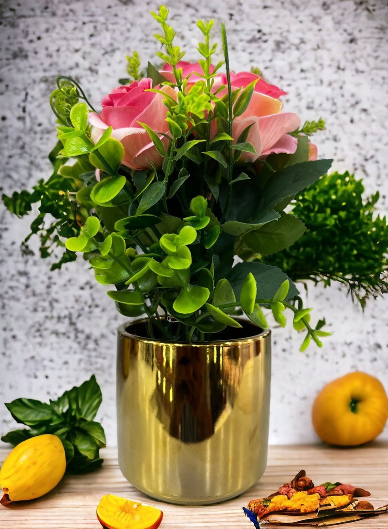 Decorative Artificial Flowers Potted in Metal Pot Lifelike Blooms for Home Office Living Room Décor and Gifting Pink (22x15x9cm)