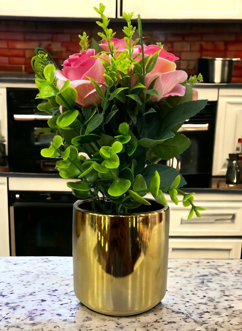 Decorative Artificial Flowers Potted in Metal Pot Lifelike Blooms for Home Office Living Room Décor and Gifting Pink (22x15x9cm)