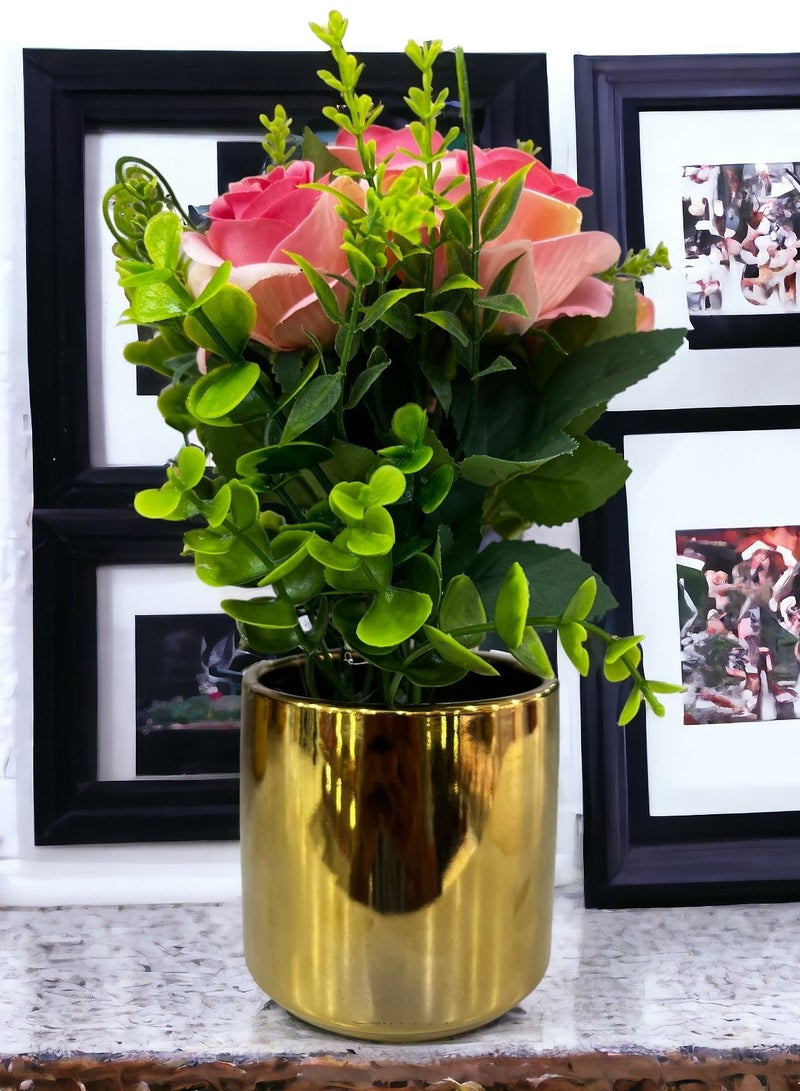 Decorative Artificial Flowers Potted in Metal Pot Lifelike Blooms for Home Office Living Room Décor and Gifting Pink (22x15x9cm)