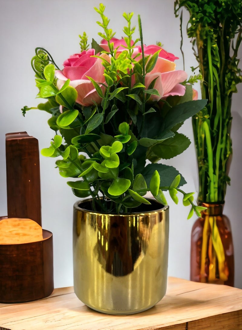 Decorative Artificial Flowers Potted in Metal Pot Lifelike Blooms for Home Office Living Room Décor and Gifting Pink (22x15x9cm)