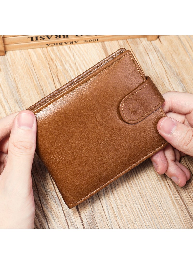 Men's Retro Crazy Horse Leather Wallet - Snap Closure, Multi-Card Slots, Dual Photo Holders & Short Bi-Fold Design  - Image 1