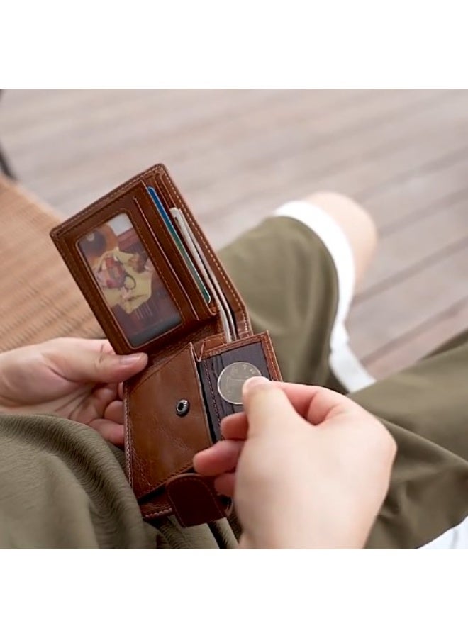 Men's Retro Crazy Horse Leather Wallet - Snap Closure, Multi-Card Slots, Dual Photo Holders & Short Bi-Fold Design  - Image 2