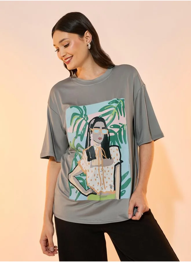 تايك تو Graphic Print Oversized Round Neck T-Shirt