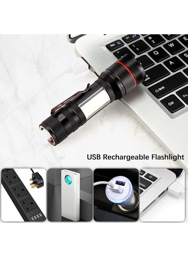 USB Rechargeable Battery Small LED Torches Zoomable Hand Light and COB Battery Operated Tactical Torch Extremely Bright with Magnet and Clip for Camping Hiking Emergencies Walking - Image 2