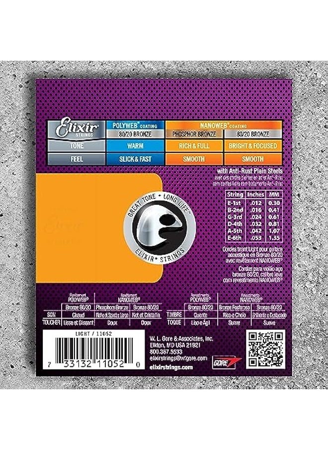 ELIXIR - Strings, Acoustic Guitar Strings, 80/20 Bronze with NANOWEB Coating, Longest-Lasting Bright and Focused Tone with Comfortable Feel, 6 String Set, Light 12-53 - Image 1