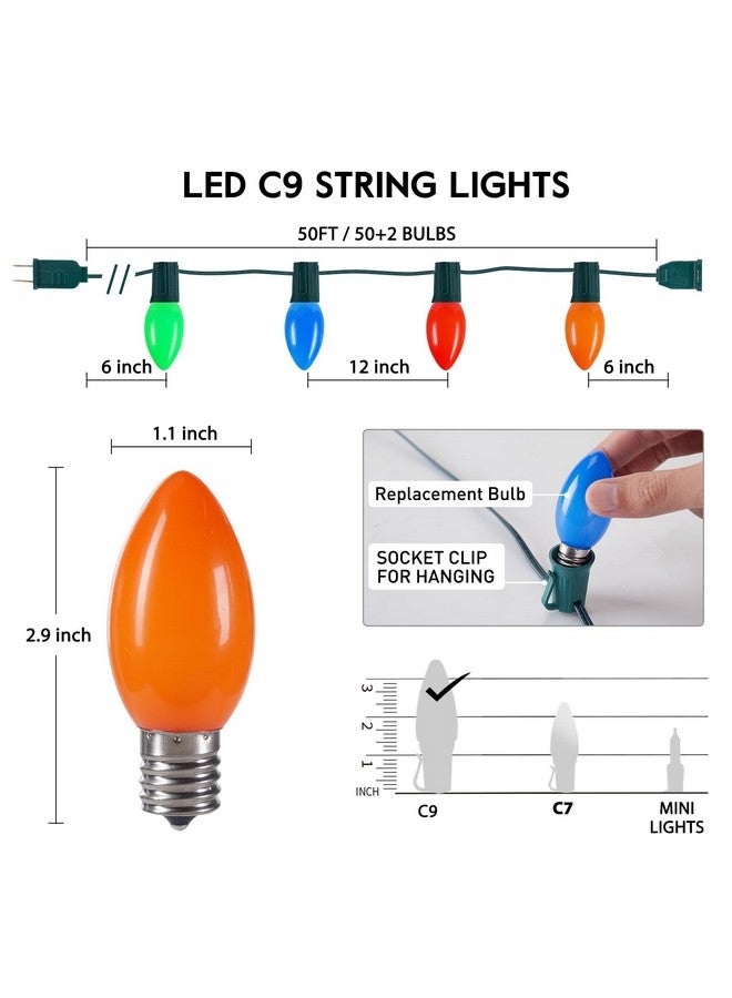 ماين توم أضواء عيد الميلاد LED C9 العتيقة متعددة الألوان في الهواء الطلق، أضواء سلسلة C9 بطول 50 قدمًا لشجرة عيد الميلاد على سطح شجرة عيد الميلاد والحفلات في الأماكن المغلقة والمفتوحة والحديقة والفناء الخلفي والمقهى وديكورات عيد الميلاد، سلك أخضر  - Image 4