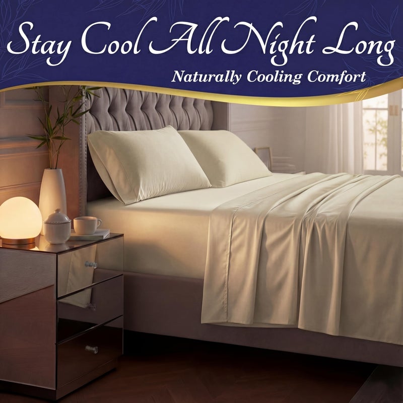 DECOLURE 100% Viscose Derived from Bamboo Sheets Queen Size - Luxury 4 Pc Naturally Cooling Sheets, Ultra Soft Bed Set - Deep 17" Pockets, Durable Double Stitching, Oeko Tex Standard (Creme) - Image 3