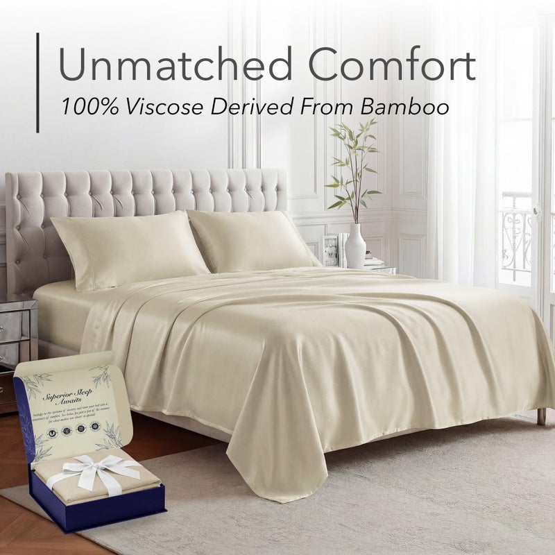 DECOLURE 100% Viscose Derived from Bamboo Sheets Queen Size - Luxury 4 Pc Naturally Cooling Sheets, Ultra Soft Bed Set - Deep 17" Pockets, Durable Double Stitching, Oeko Tex Standard (Creme) - Image 2