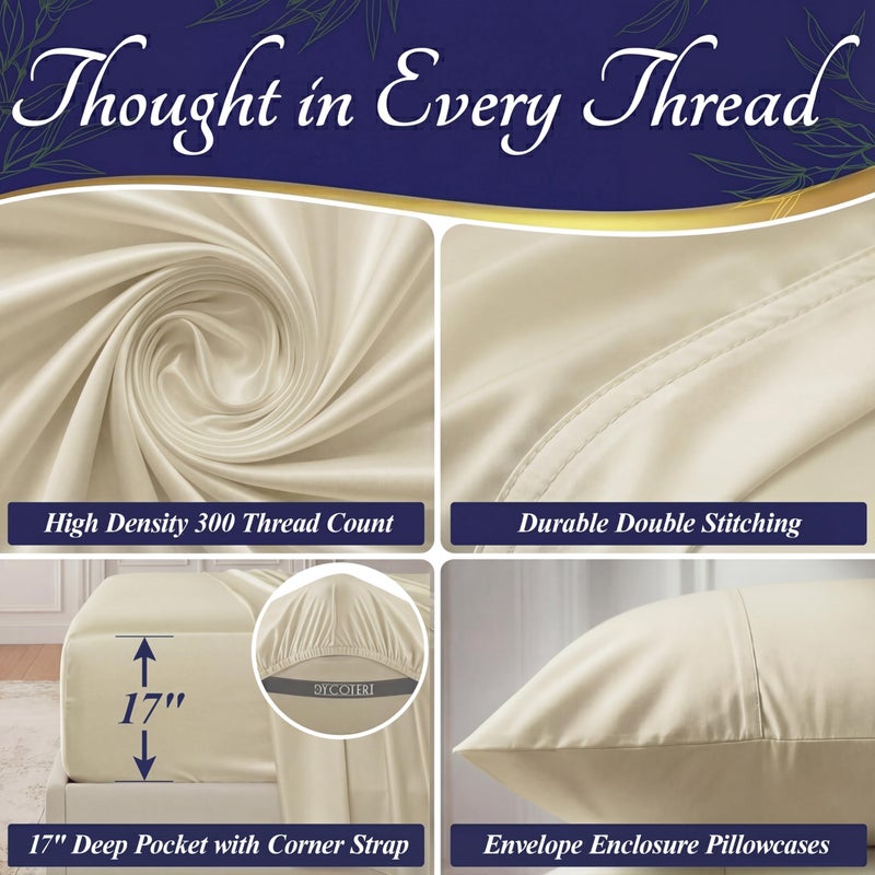 DECOLURE 100% Viscose Derived from Bamboo Sheets Queen Size - Luxury 4 Pc Naturally Cooling Sheets, Ultra Soft Bed Set - Deep 17" Pockets, Durable Double Stitching, Oeko Tex Standard (Creme) - Image 5