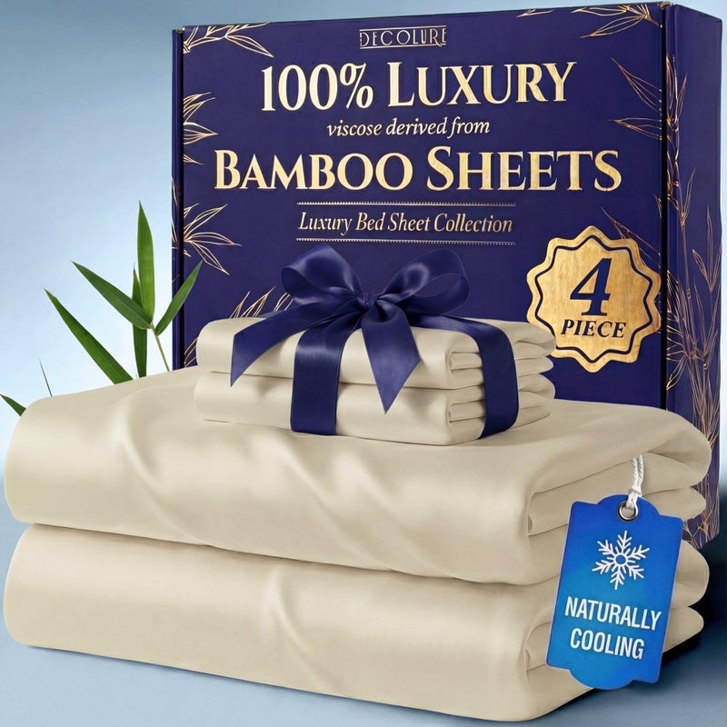 DECOLURE 100% Viscose Derived from Bamboo Sheets Queen Size - Luxury 4 Pc Naturally Cooling Sheets, Ultra Soft Bed Set - Deep 17" Pockets, Durable Double Stitching, Oeko Tex Standard (Creme) - Image 1