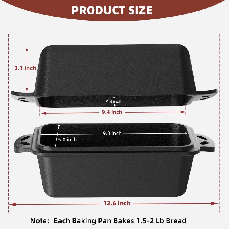 EAOENLS 9Ã—5 Inch Cast Iron Loaf Pan with Lid, 2-in-1 Bread Baking Pans for Homemade Bread, Pre-Seasoned | Even Heat Distribution, 2 Piece Set - Image 2