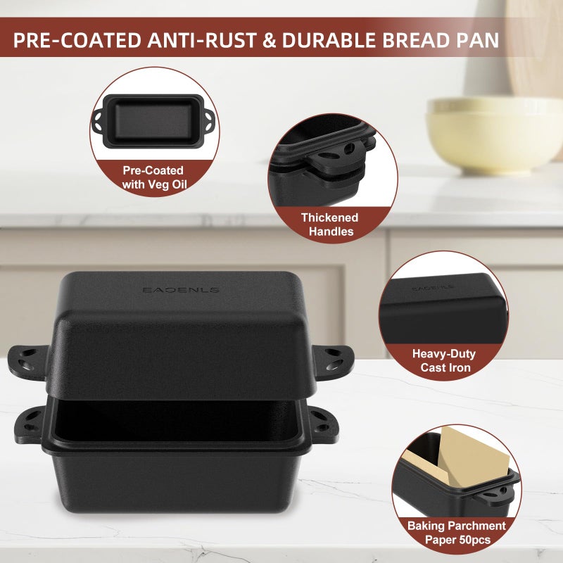 EAOENLS 9Ã—5 Inch Cast Iron Loaf Pan with Lid, 2-in-1 Bread Baking Pans for Homemade Bread, Pre-Seasoned | Even Heat Distribution, 2 Piece Set - Image 4