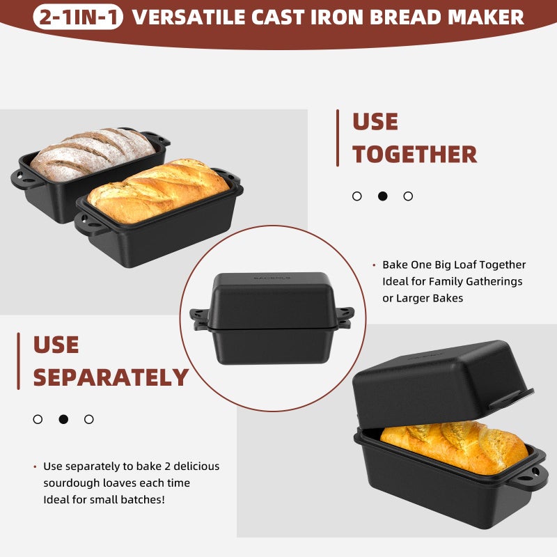EAOENLS 9Ã—5 Inch Cast Iron Loaf Pan with Lid, 2-in-1 Bread Baking Pans for Homemade Bread, Pre-Seasoned | Even Heat Distribution, 2 Piece Set - Image 3