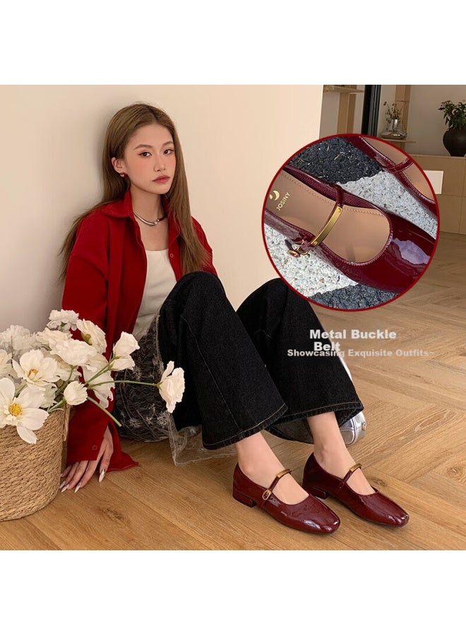 Josiny Star Style Spring Summer Red Retro Hepburn Style Single Shoes Shallow Mouth French Mary Janes Deep Red Size 40 - Image 2