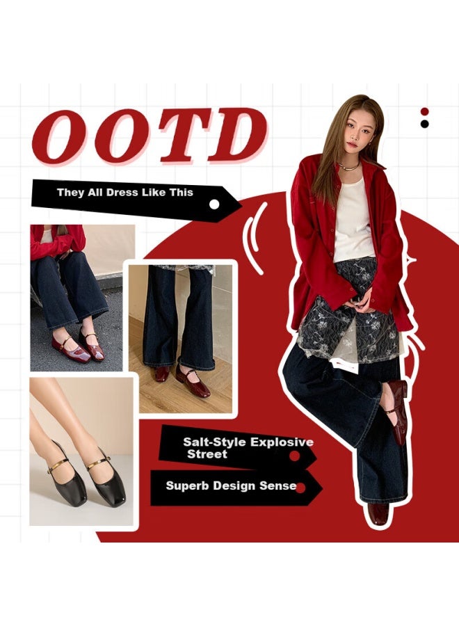Josiny Star Style Spring Summer Red Retro Hepburn Style Single Shoes Shallow Mouth French Mary Janes Deep Red Size 40 - Image 1