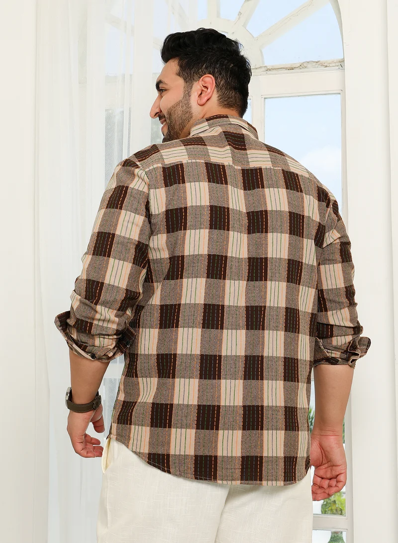 Instafab Plus  Instafab Plus Men's Chocolate Brown Chalk-Buffalo Check Shirt For Casual Wear | Spread Collar | Long Cuffed Sleeves | Button Closure | Plus Size Shirt Crafted With Comfort Fit For Everyday Wear for Men | Best Price UAE