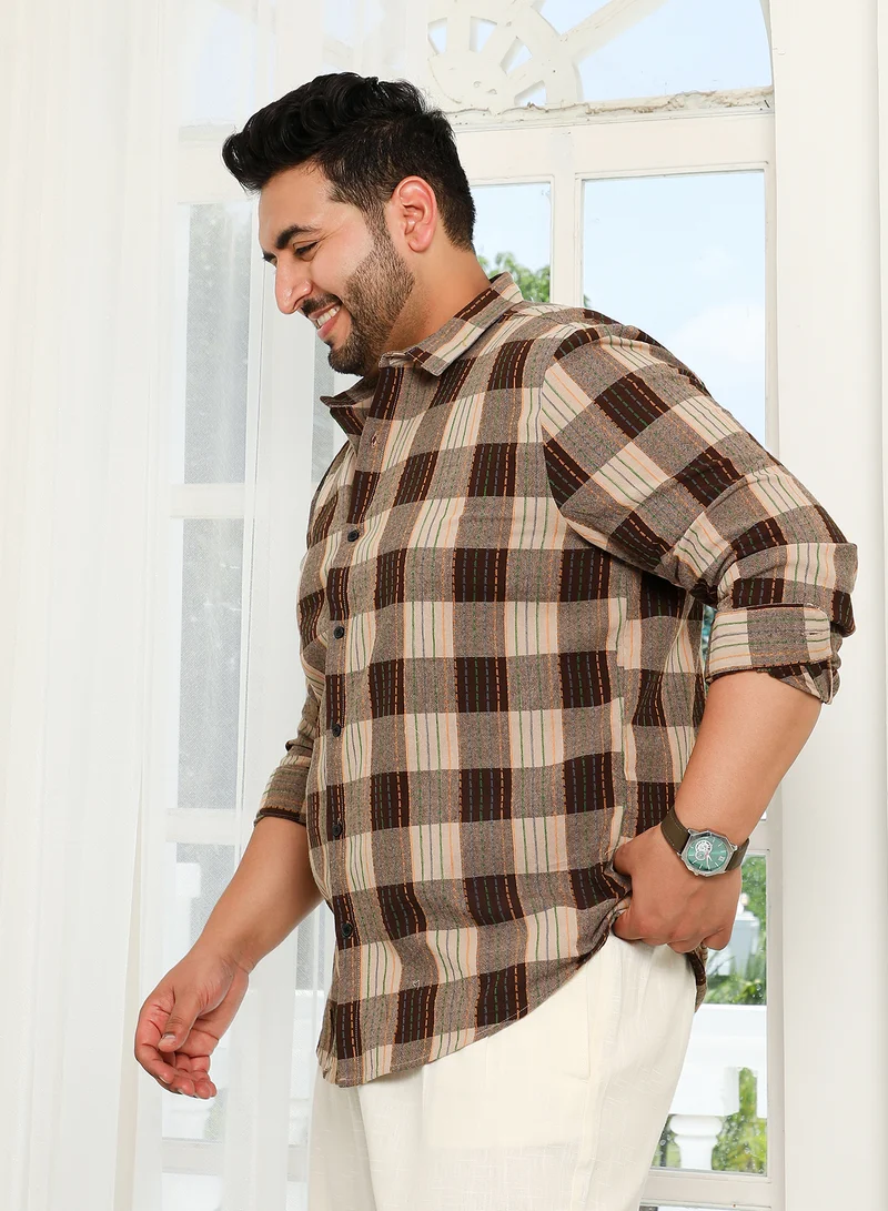 Instafab Plus  Instafab Plus Men's Chocolate Brown Chalk-Buffalo Check Shirt For Casual Wear | Spread Collar | Long Cuffed Sleeves | Button Closure | Plus Size Shirt Crafted With Comfort Fit For Everyday Wear for Men | Best Price UAE