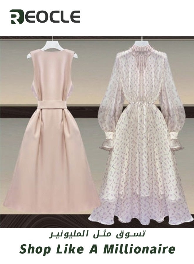 REOCLE Pink Vest and Pink Floral Skirt Two-piece Set Plus Size Women's Suit Two-piece Spring Temperament Fat Girl Slimming Floral Dress - Image 2