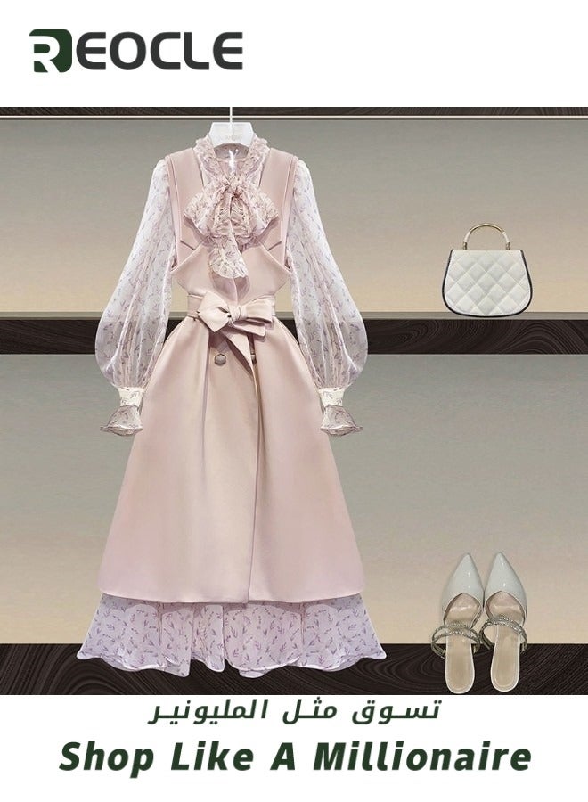 REOCLE Pink Vest and Pink Floral Skirt Two-piece Set Plus Size Women's Suit Two-piece Spring Temperament Fat Girl Slimming Floral Dress - Image 3