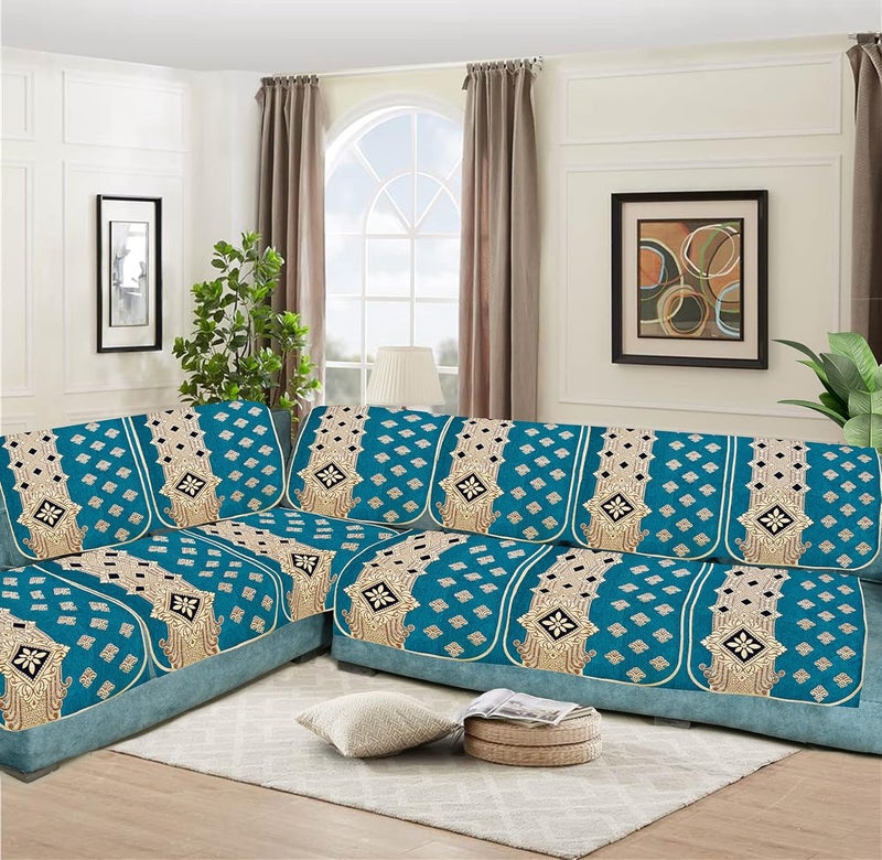 Dazzling DECOR L Shape Velvet Sofa Cover Set for Living Room Weaved Sofa Back Slip Covers Panels 3 and 2 and 1 Seater Cover for Long Sofa Couch Premium Stylish Slip Cover Protector Aqua_101 - Image 1