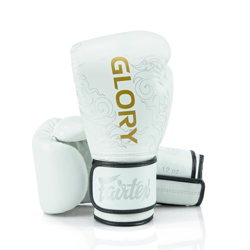 Fairtex Glory Training Gloves Premium Leather MMA Boxing Gloves Handmade in Thailand ShockAbsorbing Foam Padding Ideal for Kickboxing Sparring Competition WhiteGold BGVG3 14 oz - Image 1